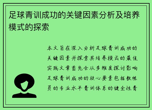 足球青训成功的关键因素分析及培养模式的探索
