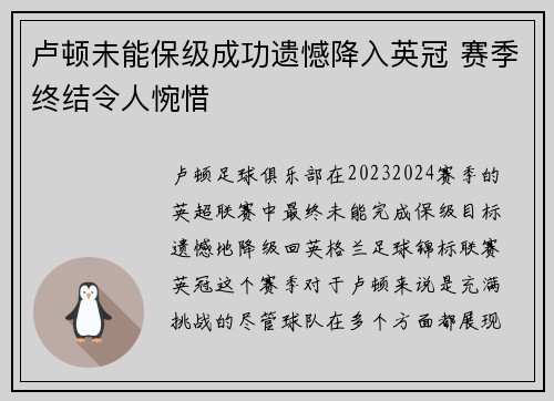 卢顿未能保级成功遗憾降入英冠 赛季终结令人惋惜 卢顿未能保级成功遗憾降入英冠 赛季终结令人惋惜
