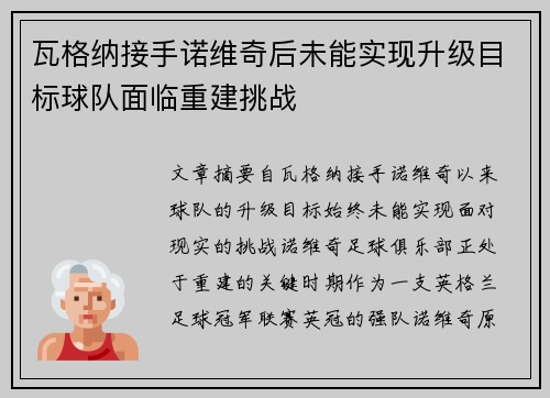 瓦格纳接手诺维奇后未能实现升级目标球队面临重建挑战