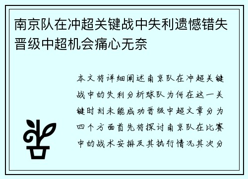 南京队在冲超关键战中失利遗憾错失晋级中超机会痛心无奈 南京队在冲超关键战中失利遗憾错失晋级中超机会痛心无奈