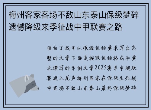 梅州客家客场不敌山东泰山保级梦碎遗憾降级来季征战中甲联赛之路 梅州客家客场不敌山东泰山保级梦碎遗憾降级来季征战中甲联赛之路